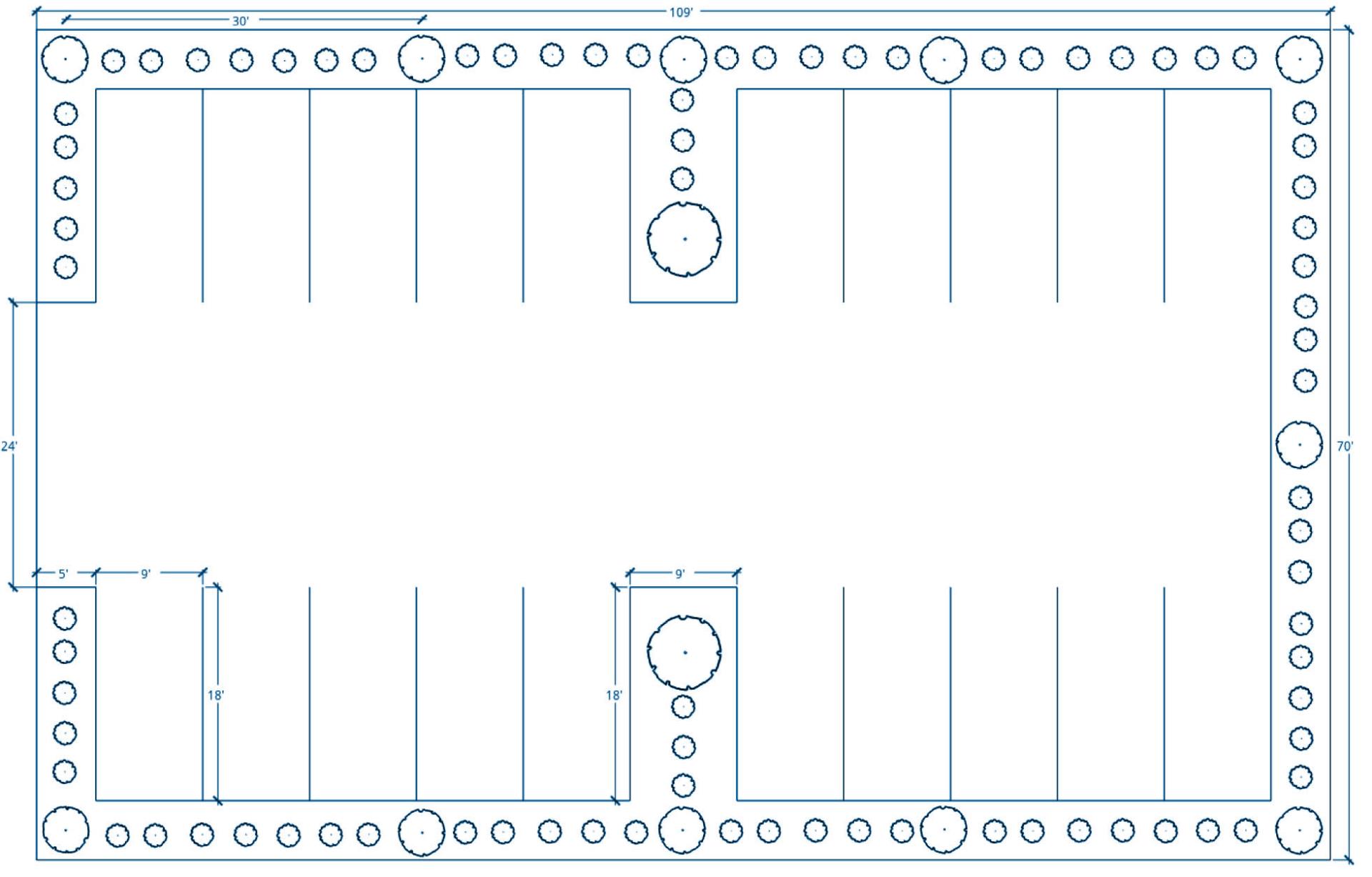 Diagram illustrating landscape buffers and interior landscape islands for a parking lot.