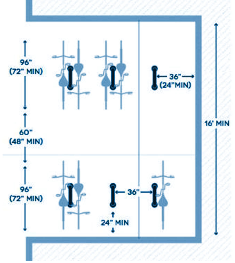 Diagram illustrating bicycle parking dimensional requirements.