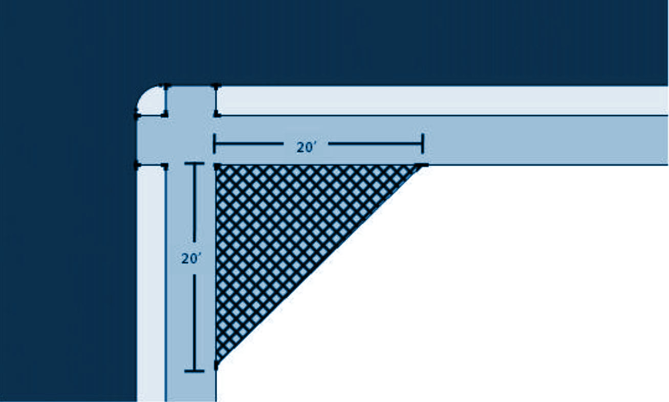 Line drawing showing the sight triangle of 20 feet required at the corner of parcels on intersection streets.